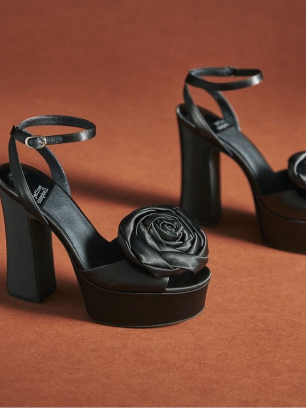 Jeffrey Campbell Black Satin Rosette Platform Heels